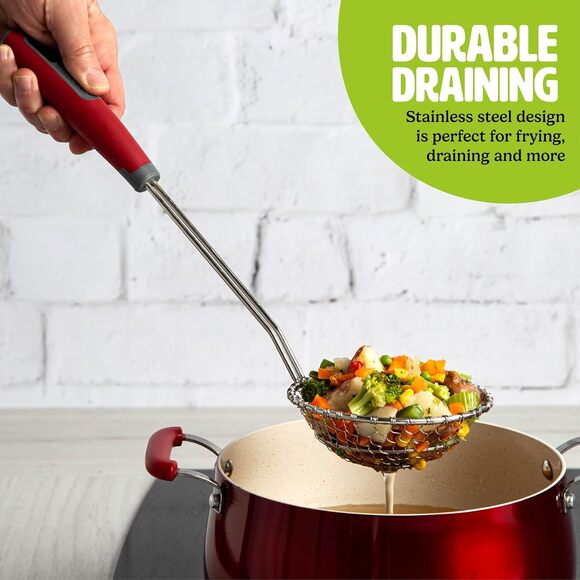 Tasty Skimmer Stainless Steel Kitchen Tool Red Comfort Grip Handle 5 Inch Round - Picture 3 of 5